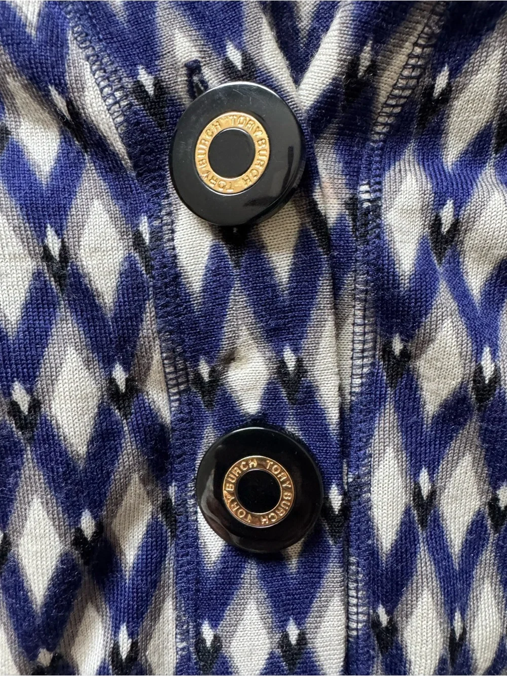 Tory Burch Navy and Cream Diamond Wool Knit Button Cardigan